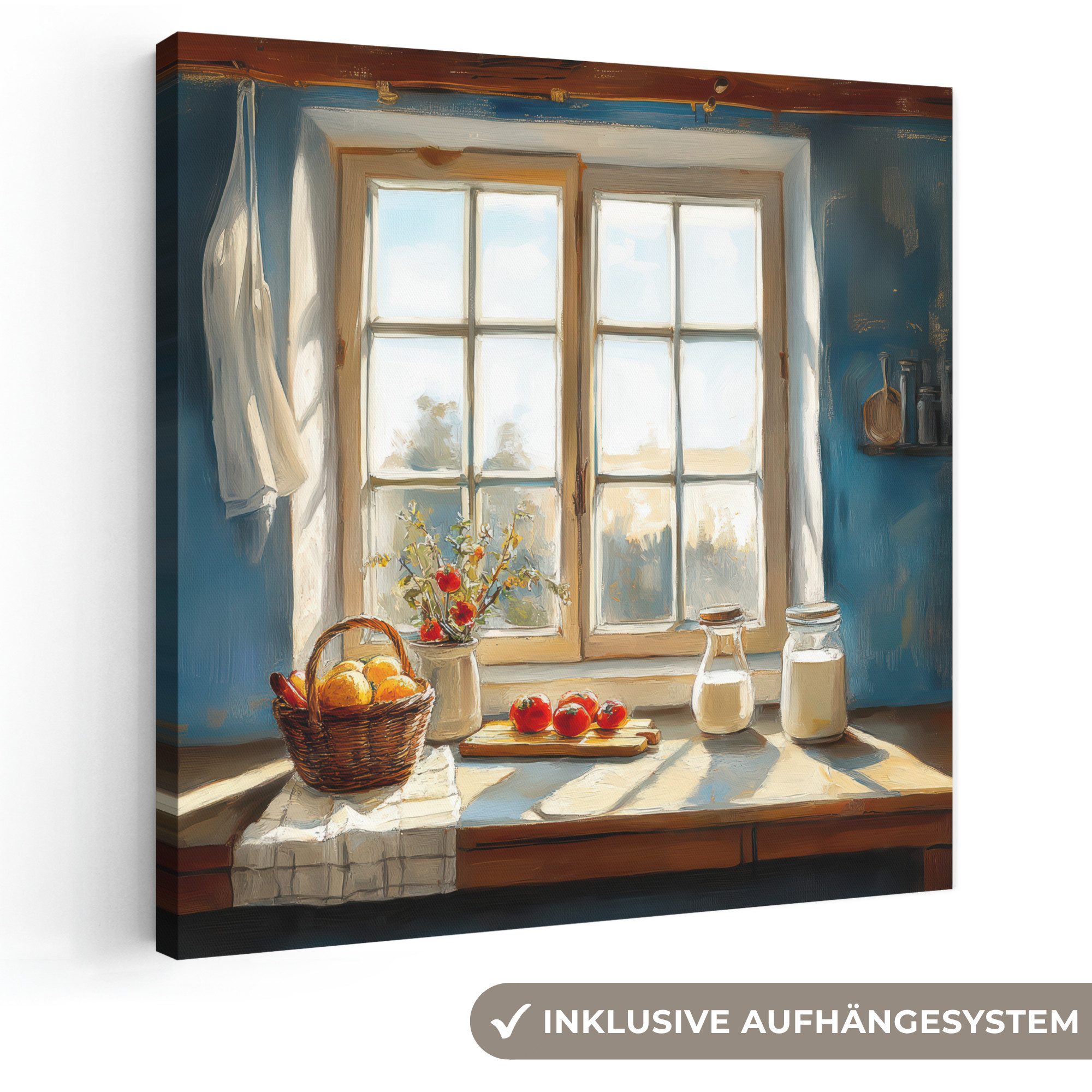 OneMillionCanvasses® Leinwandbild Stillleben - Küche - Fensterblick - Fenster - Vintage, Fotodruck (1 St), Wandbild, Deko Schlafzimmer Wohnzimmer Flur 20x20 cm