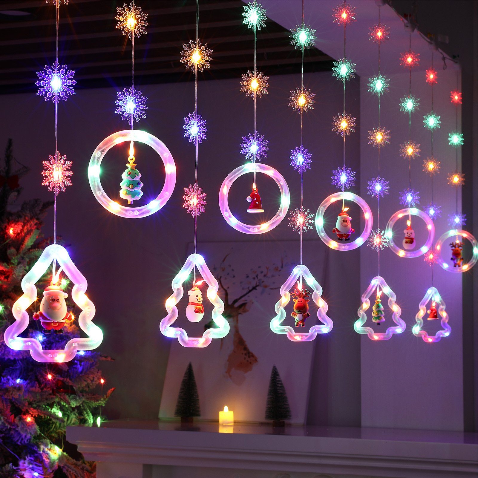 Rosnek LED-Lichtervorhang 3M 100LEDs, 8 Modi, Batterie/USB, für Wohnzimmer Schlafzimmer, mit weihnachtlichen Ornamenten; Fenster Deko