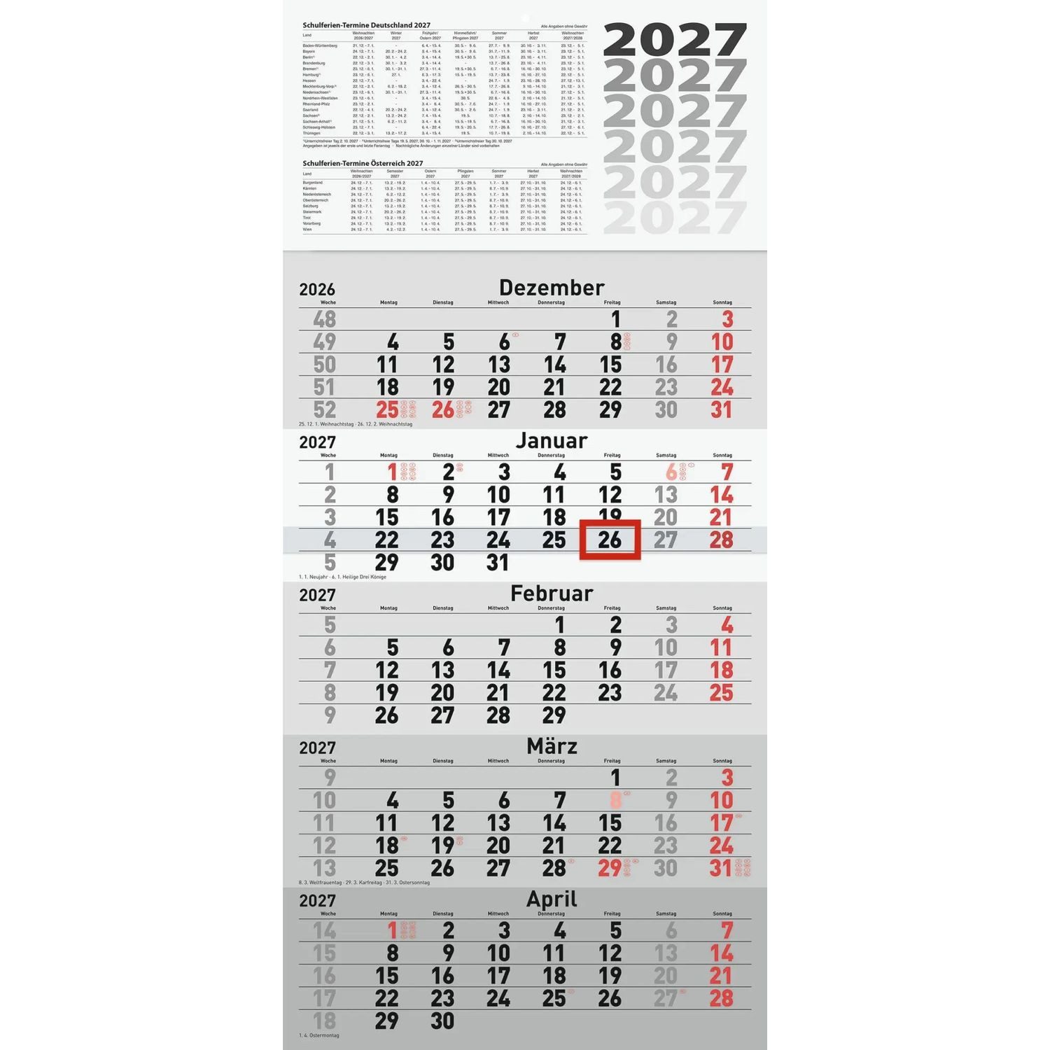 Monatskalender rido/idé 7033520007 5-Monatskalender 2027 grau, 300×630 mm