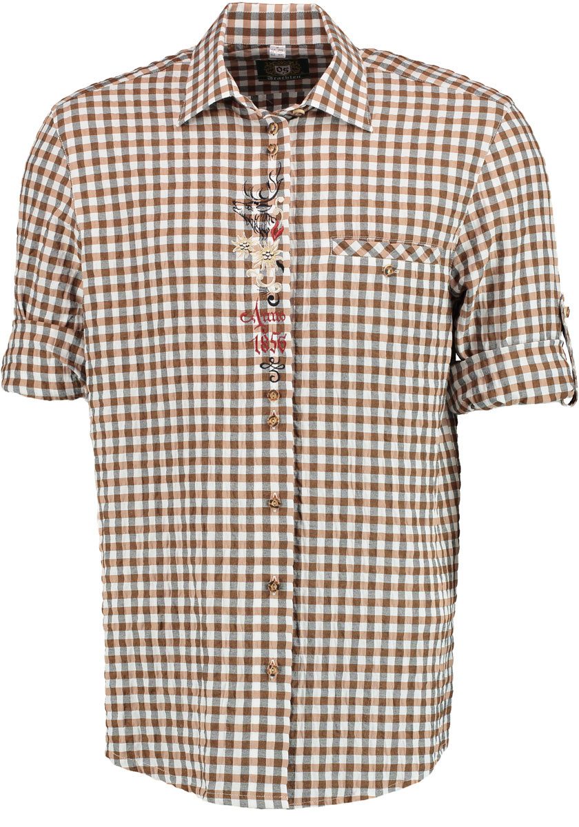 OS Trachten Trachtenhemd Megaba Regular Fit, Haifischkragen, Leistentasche, Krempelarm, Stickerei