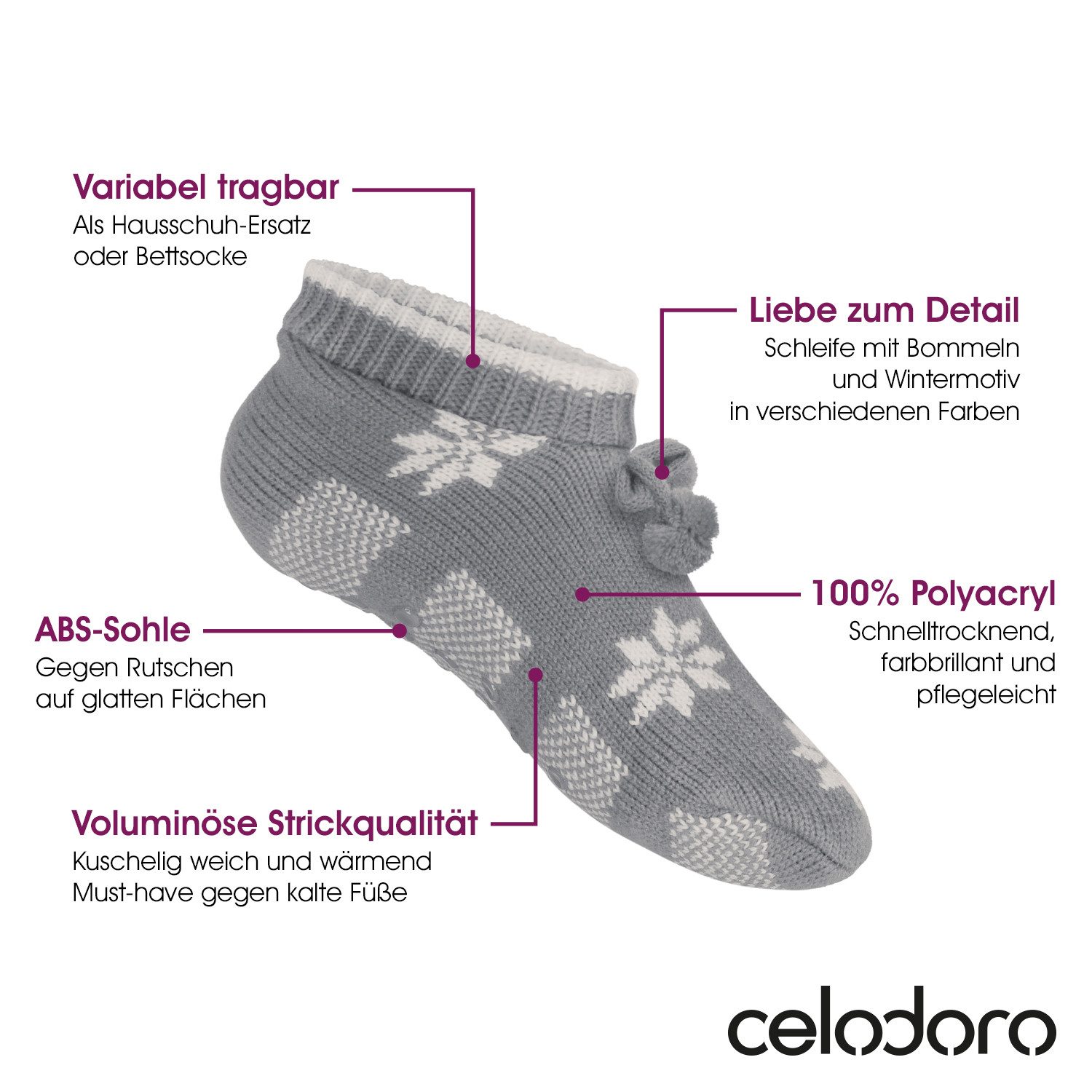 celodoro Haussocken Damen Norweger Strick Hüttensocken mit ABS-Sohle (1 Paar) – Bild 2 von 4