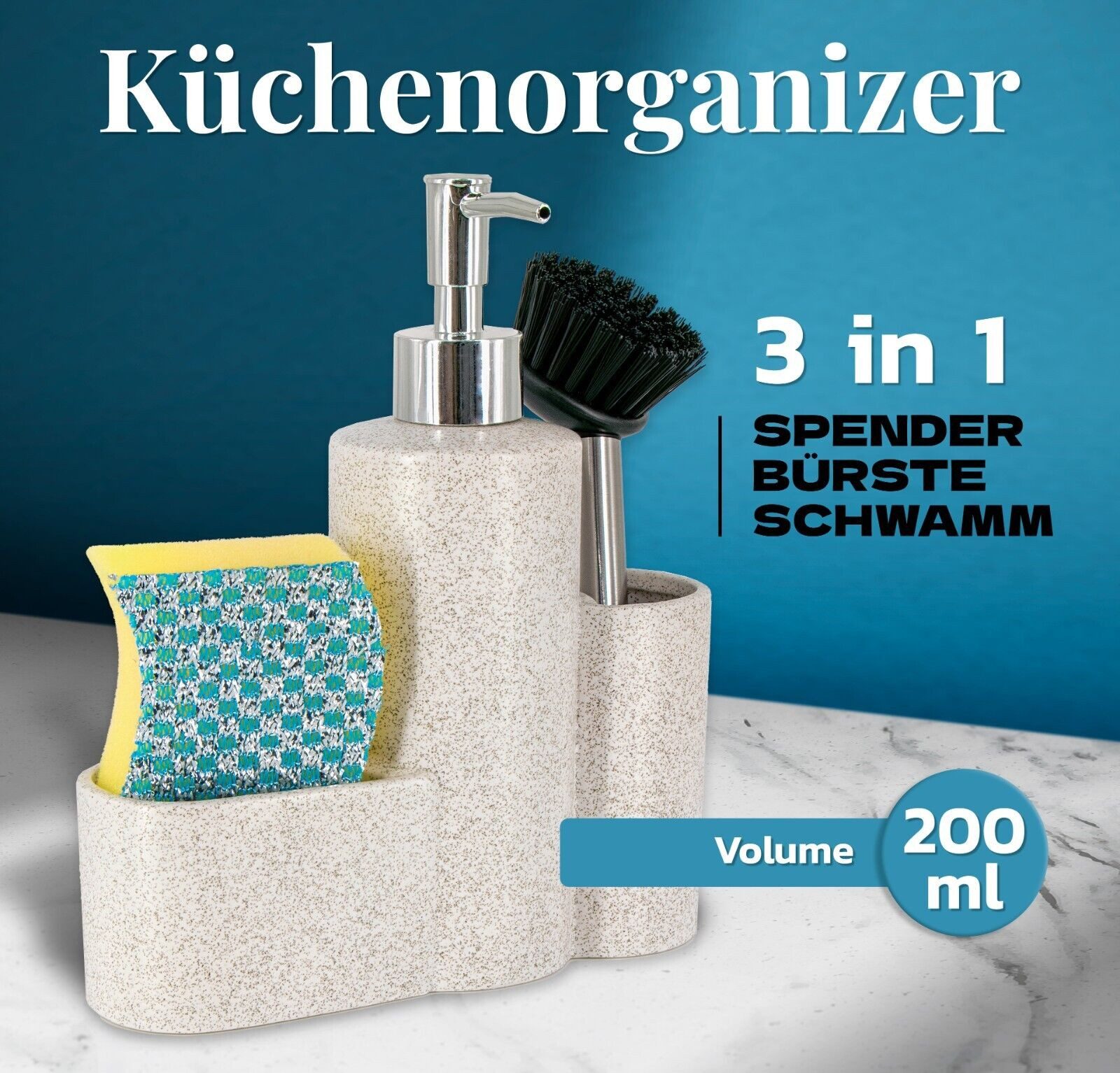 KVOTA Spülmittelspender Küchen-Organizer Set: Spender 200 ml mit Schwamm und Bürste., (3-teilig, Küchenorganizer)