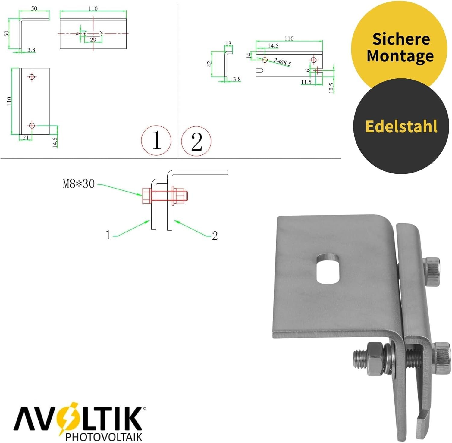avoltik Solarmodul-Halterung Dachfalzklemme Stehfalzdach Edelstahl Montage Dach Befestigung Solar, (4er Set, 6er Set, 10er Set, 50er Set, 4-tlg., Avoltik Dachfalzklemme Stehfalzdach Edelstahl Montage Dach Befestigung, Zur Befestigung an Dachfalzen)