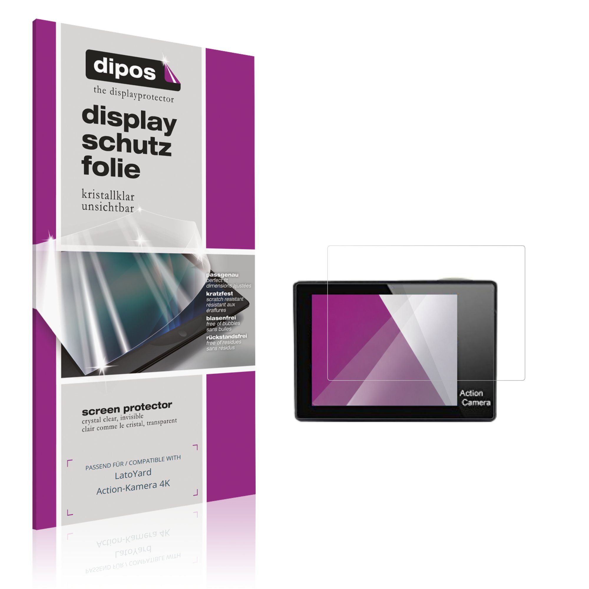 dipos Displayschutzfolie Schutzfolie für LatoYard Action-Kamera 4K, 4 Stück, Displayschutz Schutz Folie Made in Germany