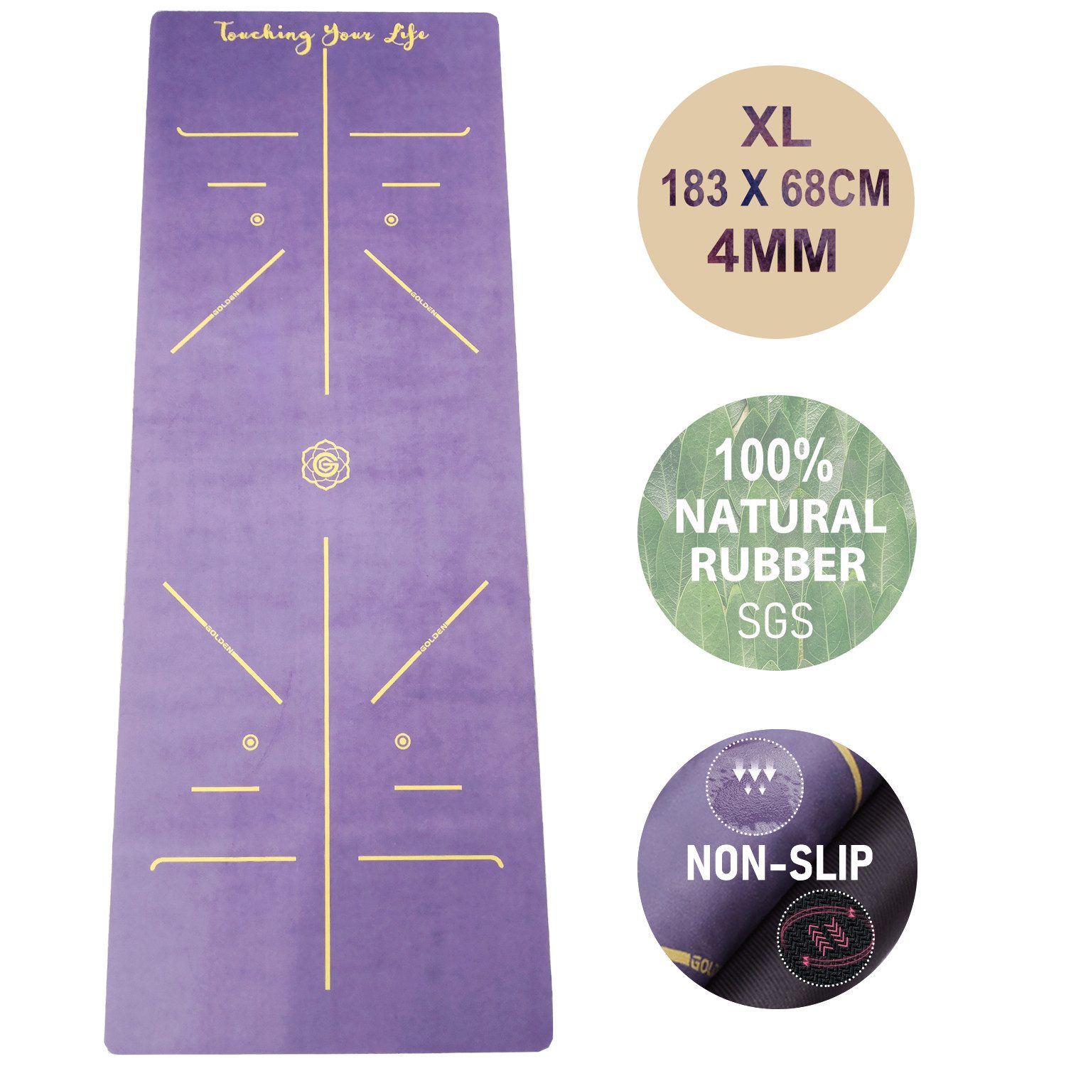 GOLDEN Yogamatte Yogamatte rutschfest aus Kautschuk XL groß 4mm Dicke 183cm Länge Align, Sprühen Sie wenig Wasser, perfekte Griffe bekommen