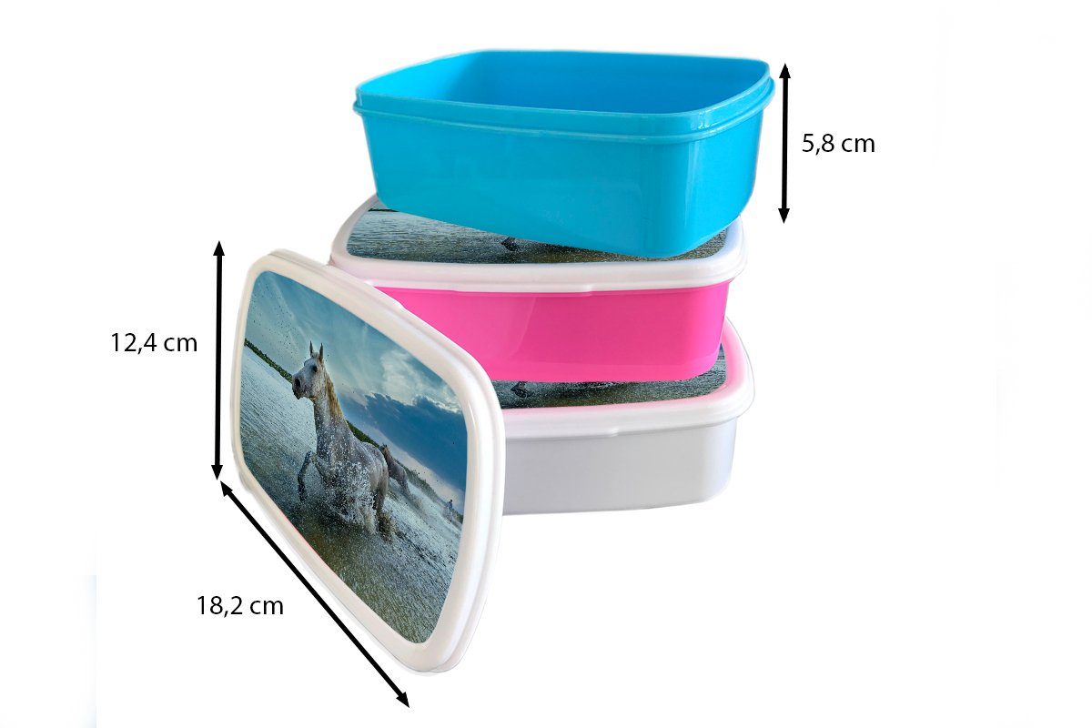 MuchoWow Lunchbox Pferd - Weiß Brotdose rosa - Kunststoff, für Mädchen, (2-tlg), Kunststoff Brotbox Wasser, Kinder, Snackbox, Erwachsene