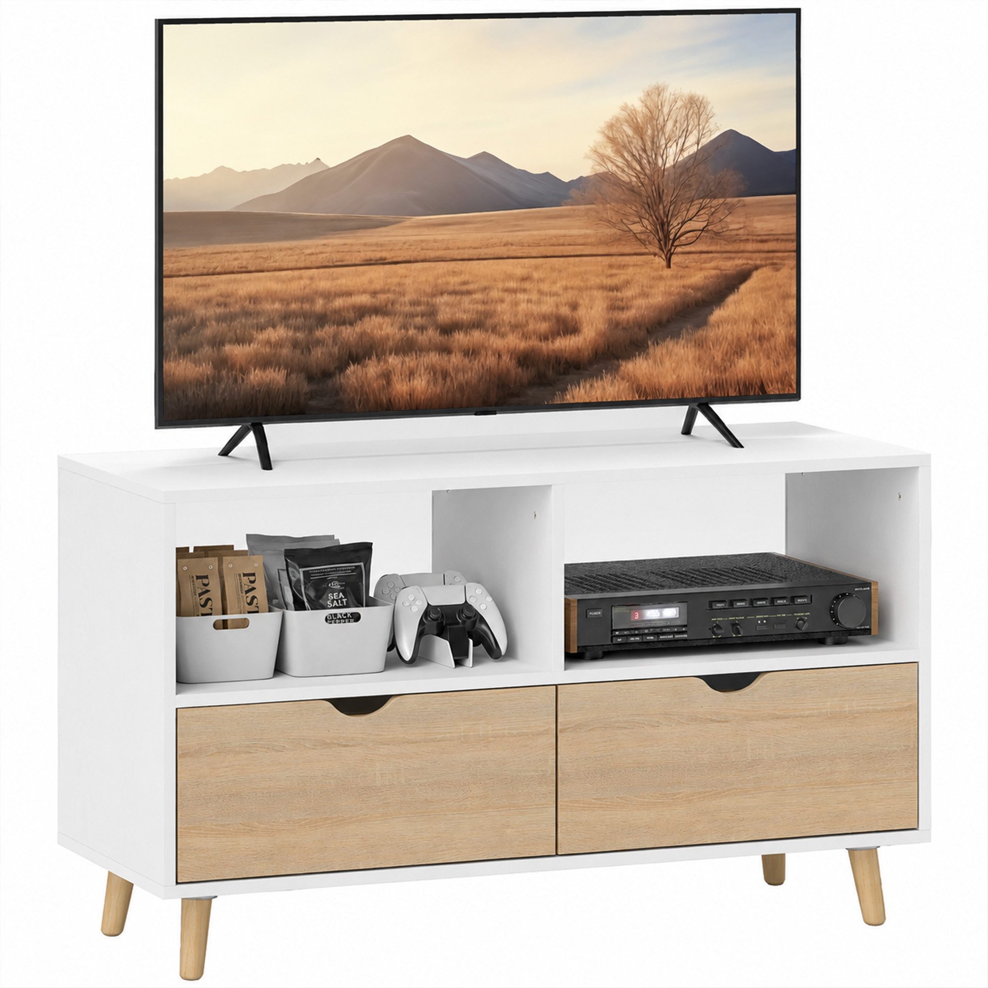 HOMCOM TV-Board TV Schrank Lowboard mit 2 Ablage, Schublade, 99 cm lang (TV Board, 1 St., Fernsehtisch), für Wohnzimmer, Weiß – Bild 2 von 5