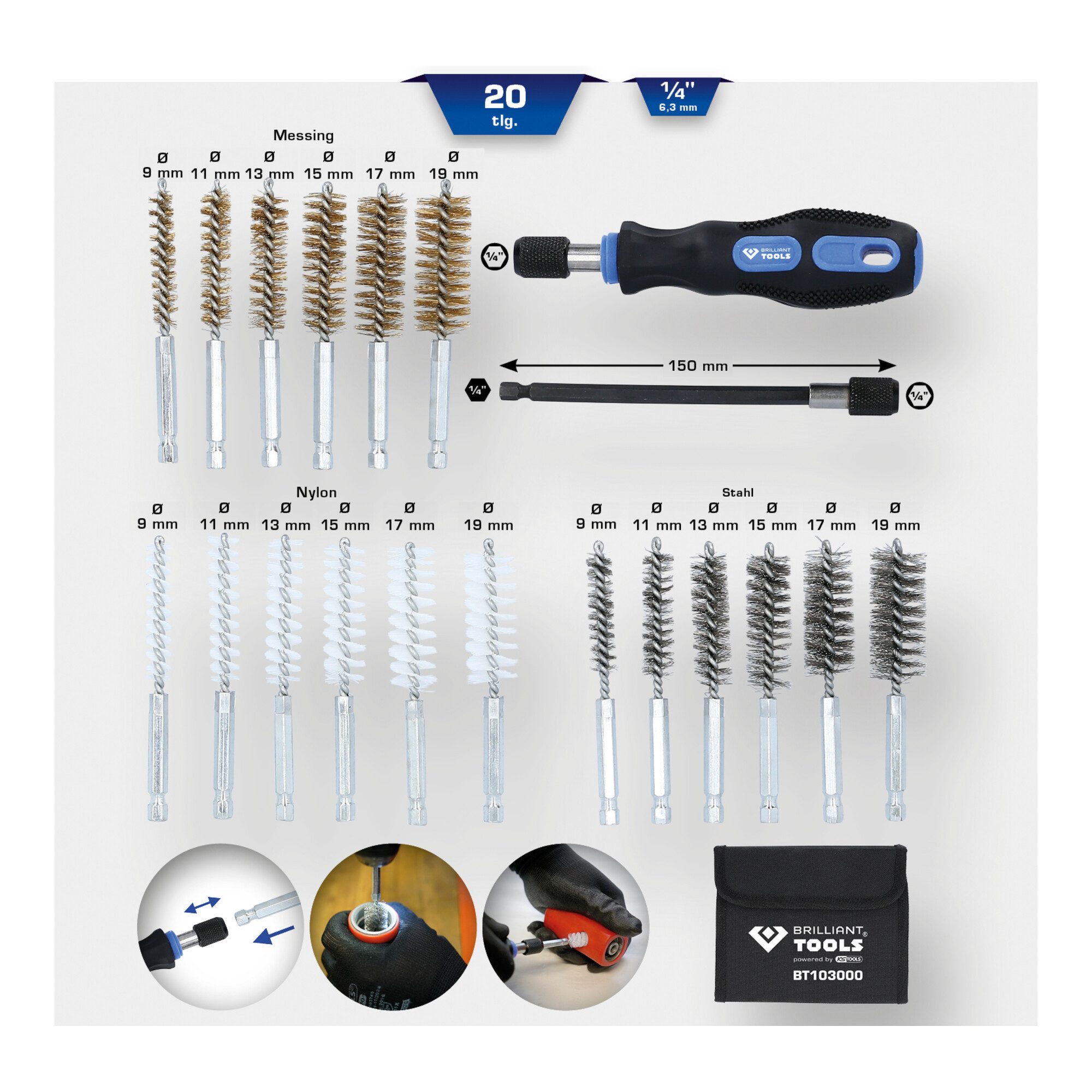 Brilliant Tools Radnabenabzieher Brilliant Tools Reinigungs-Bürsten-Satz, 20-tlg