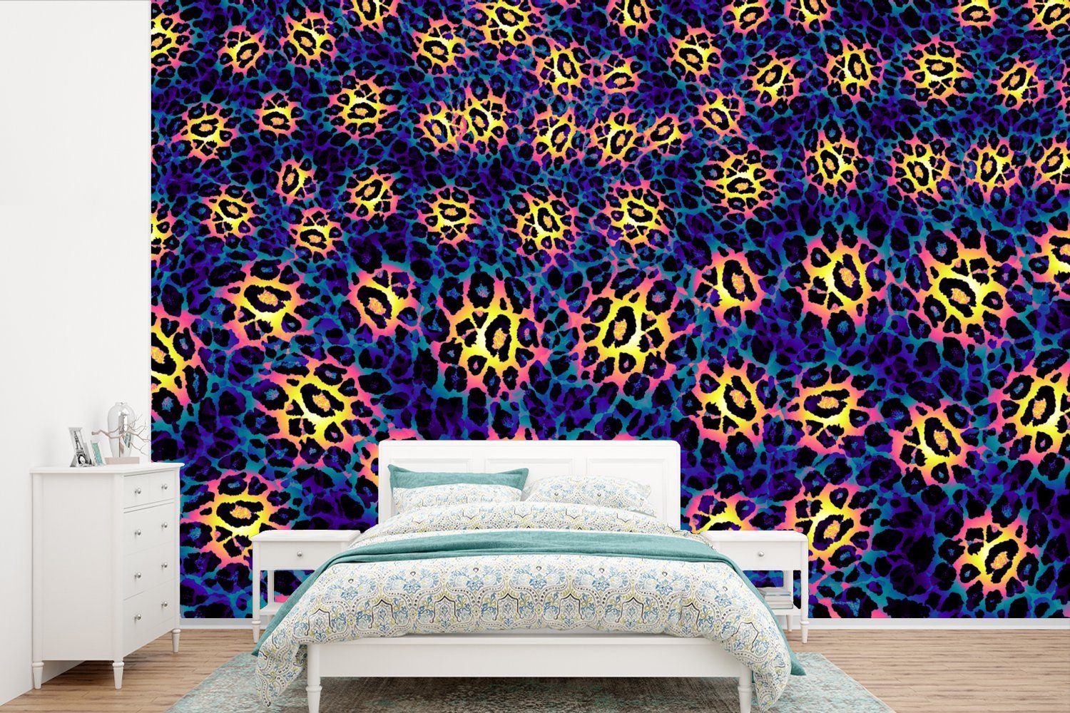 Beliebte Artikel! MuchoWow Fototapete Design Tapete Blau, Wallpaper bedruckt, für Leopardenmuster St), - Schlafzimmer, - Vinyl Wohnzimmer, Kinderzimmer, (6 Matt, Gelb 