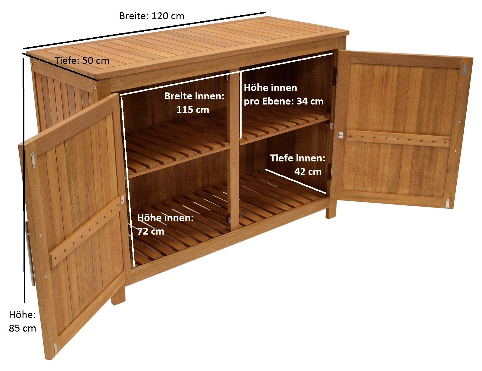 DEGAMO Gartenbox CABINET, 120x50cm, Höhe 85cm, zwei Einlegebögen, Eukalyptus Holz, Außen