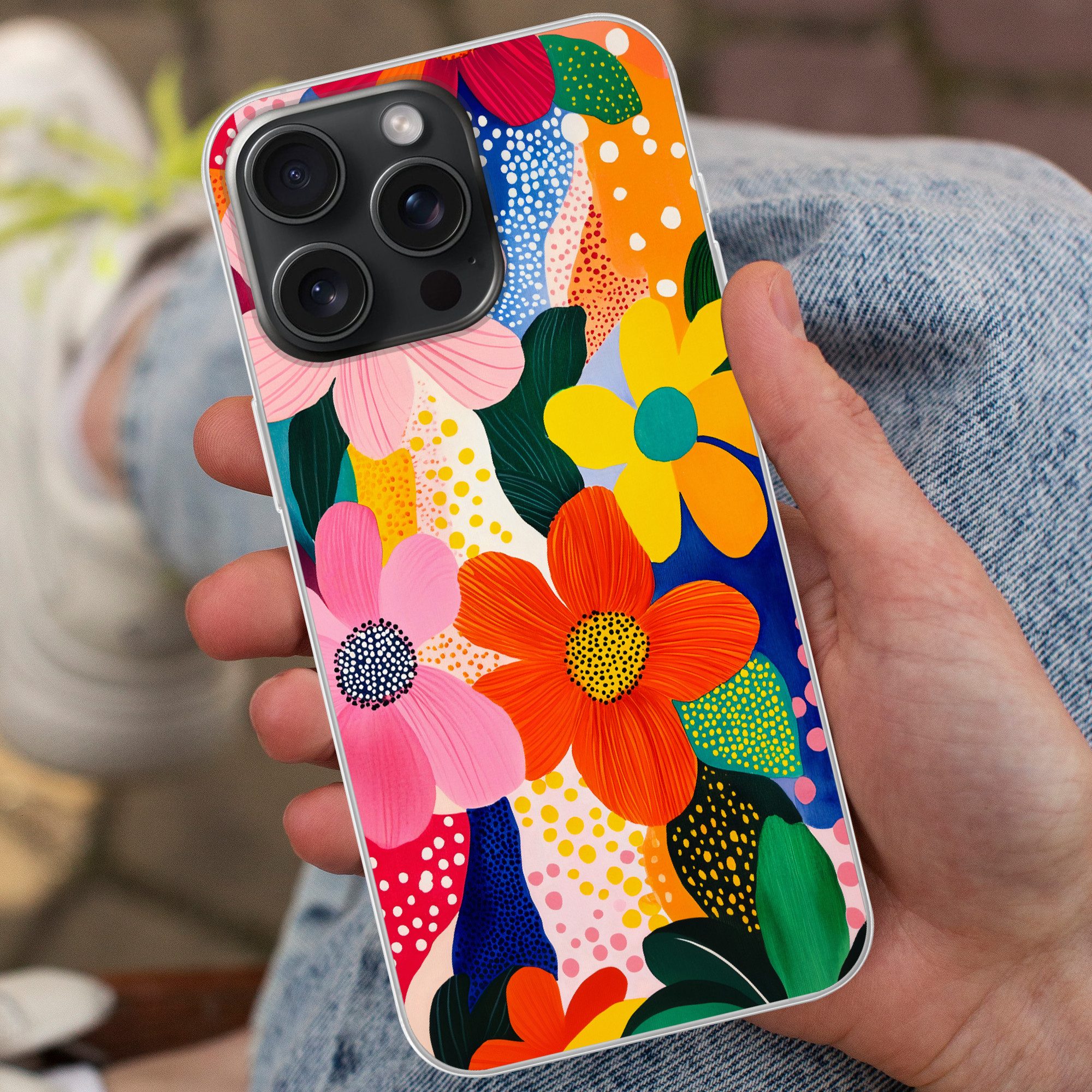 MuchoWow Handyhülle für Apple iPhone 15 Pro Max Blumen - Bunt - Tupfen, Smartphone-Bumper, Print, Handy Schutzhülle Dünn