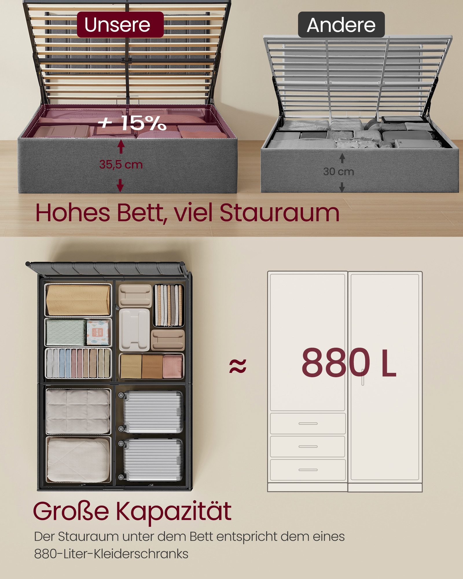 VASAGLE Polsterbett (140 x 200 cm, Hydrauliksystem, hochtragfähig), Bettrahmen, klappbar Lattenrost, Stauraum, in 3 Größen verfügbar