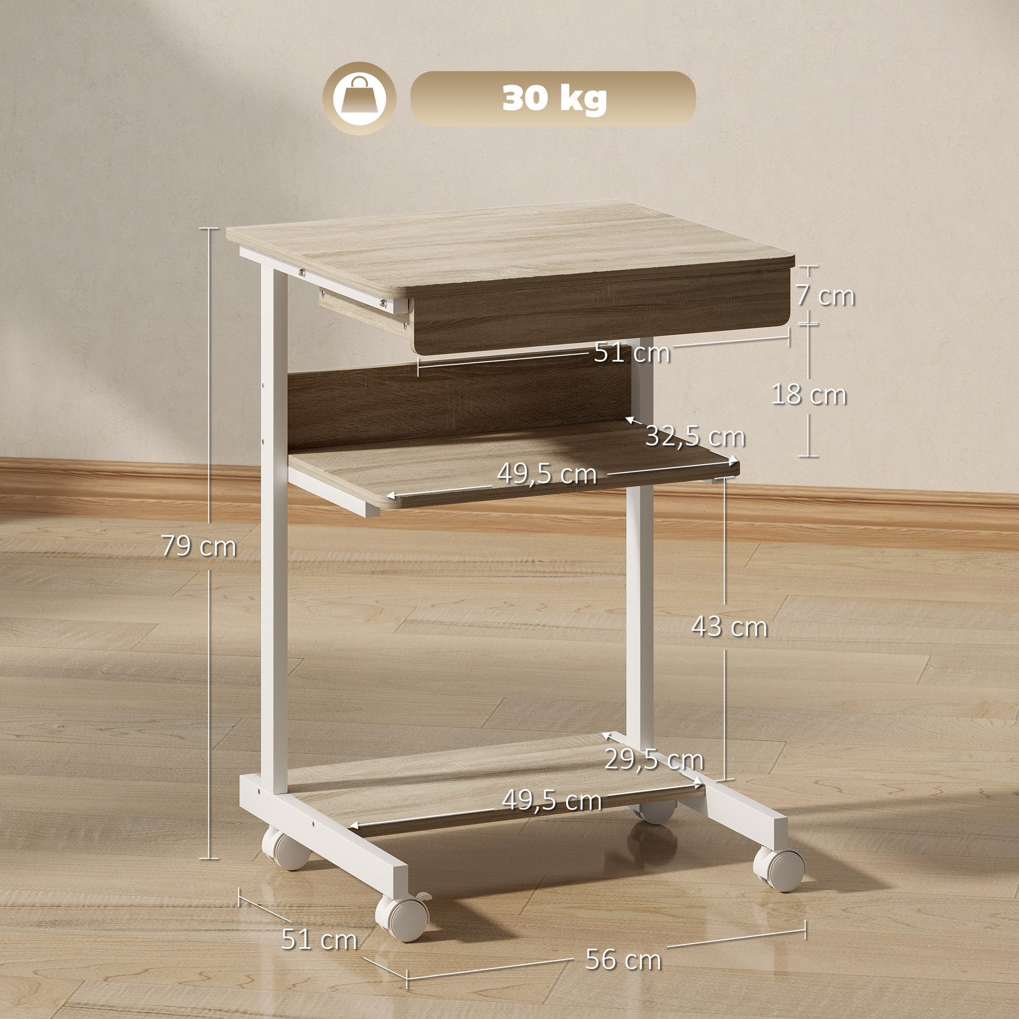 HOMCOM Schreibtisch Schreibtisch mit Rollen, CPU-Ständer, Schublade, Ablage (Bürotisch, 1-St., 1 Tisch), für Home Office, Schlafzimmer Eiche