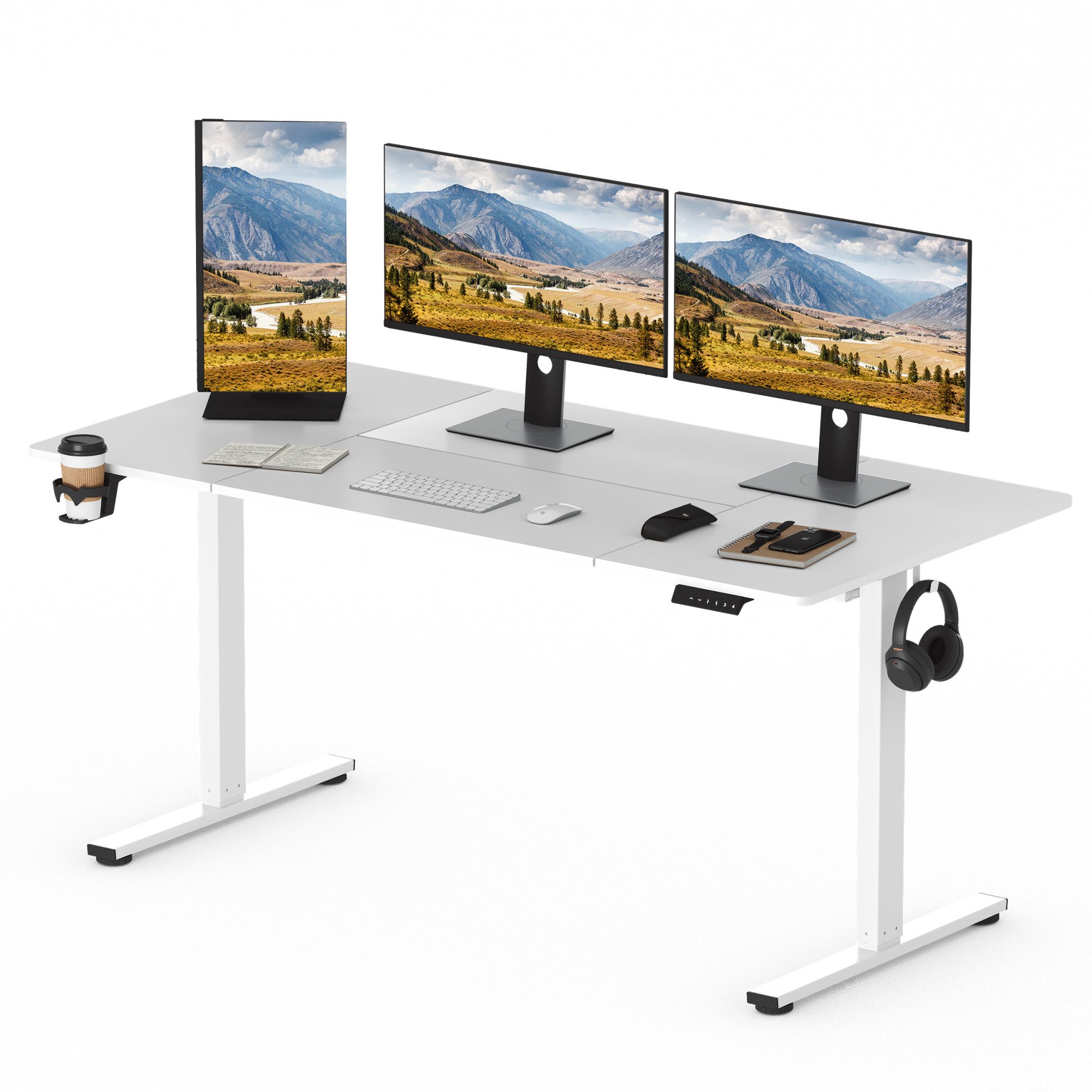 SANODESK Schreibtisch Elektrisch höhenverstellbarer Schreibtisch, Sitz-Steh-Tisch (Ergonomischer Steh-Sitz Tisch mit Memory-Funktion, MAX,Load 100kg), mit Getränkehalter, Haken & Kabelmanager, 120/140/160 *60 cm