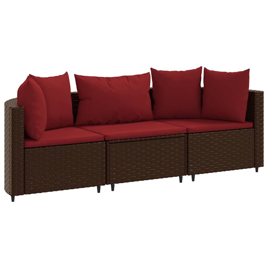 vidaXL Gartenlounge-Set 3-tlg. Garten-Sofagarnitur mit Kissen Braun Poly Rattan, (3-tlg)