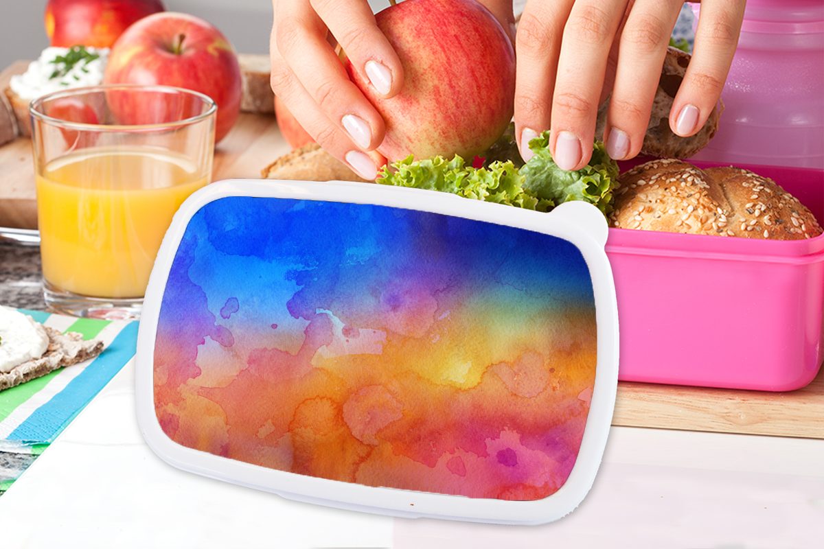 MuchoWow Lunchbox Wasserfarben - - Mädchen, Kunststoff Erwachsene, (2-tlg), Snackbox, rosa Kinder, Brotbox - Orange, Gelb Kunststoff, Brotdose Blau für