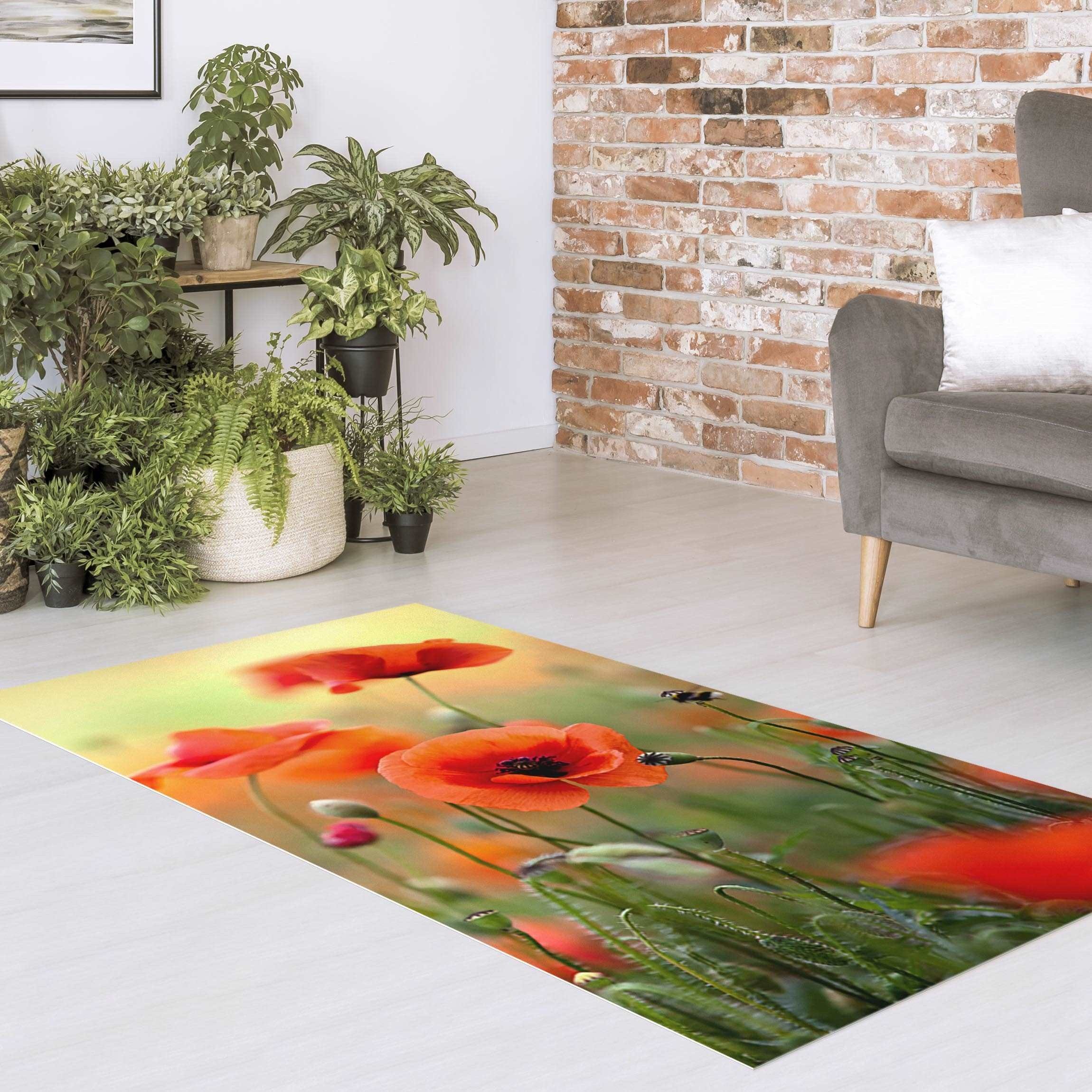 Bilderdepot24 Teppich Teppich Vinyl Flur Küche Blumen funktional lang modern, Läufer - grün glatt, nass wischbar (Schmutz, Tierhaare) Saugroboter & Bodenheizung geeignet