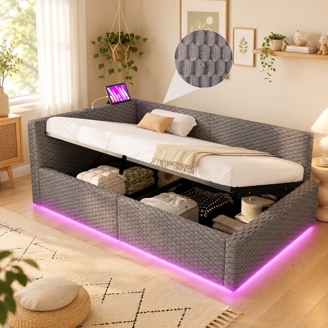 Flieks Daybett, Hydraulisches Polsterbett 90x200cm mit LED-Beleuchtung und Aufladen