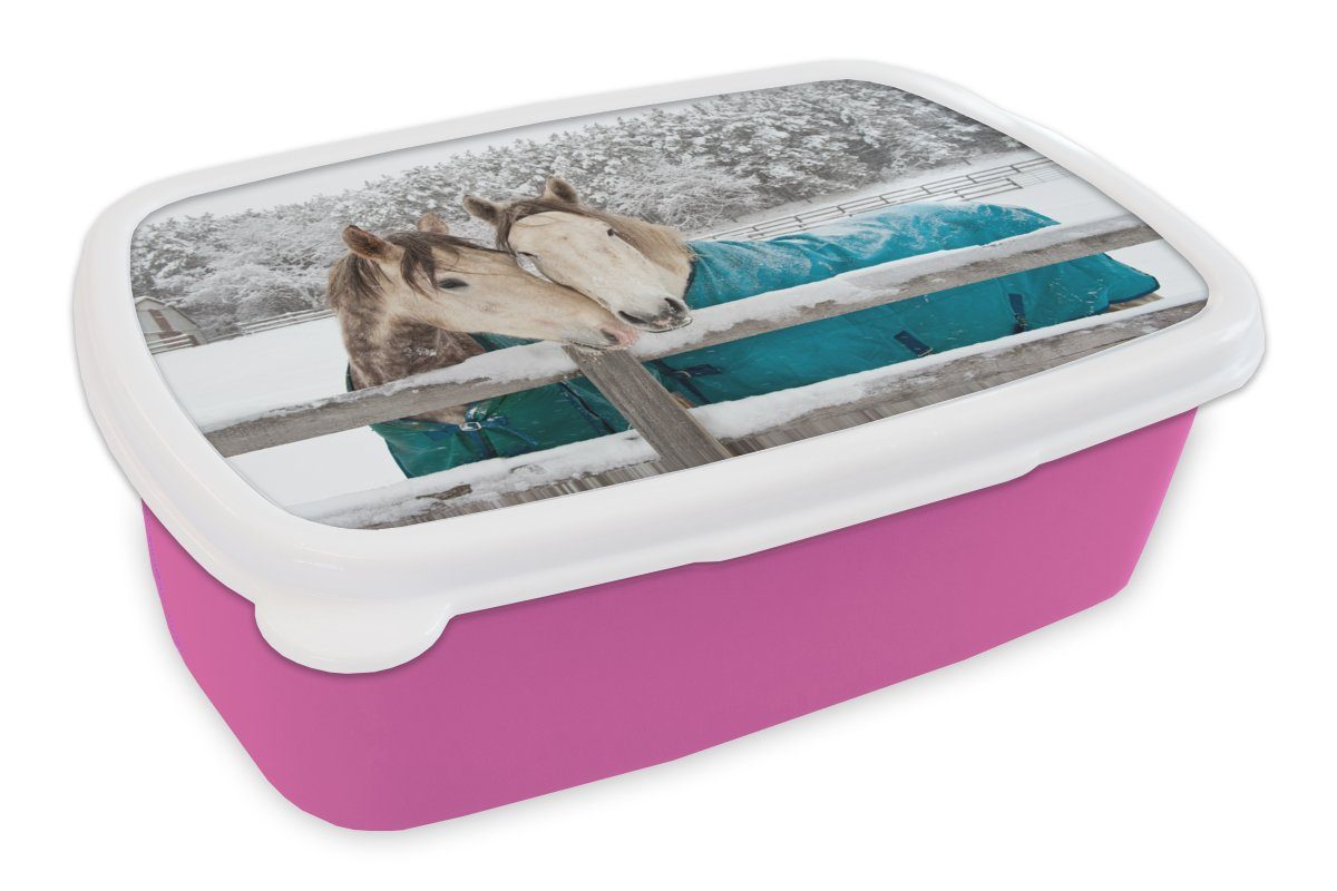 MuchoWow Lunchbox Pferde - Decke - Schnee, Kunststoff, (2-tlg), Brotbox für Erwachsene, Brotdose Kinder, Snackbox, Mädchen, Kunststoff rosa