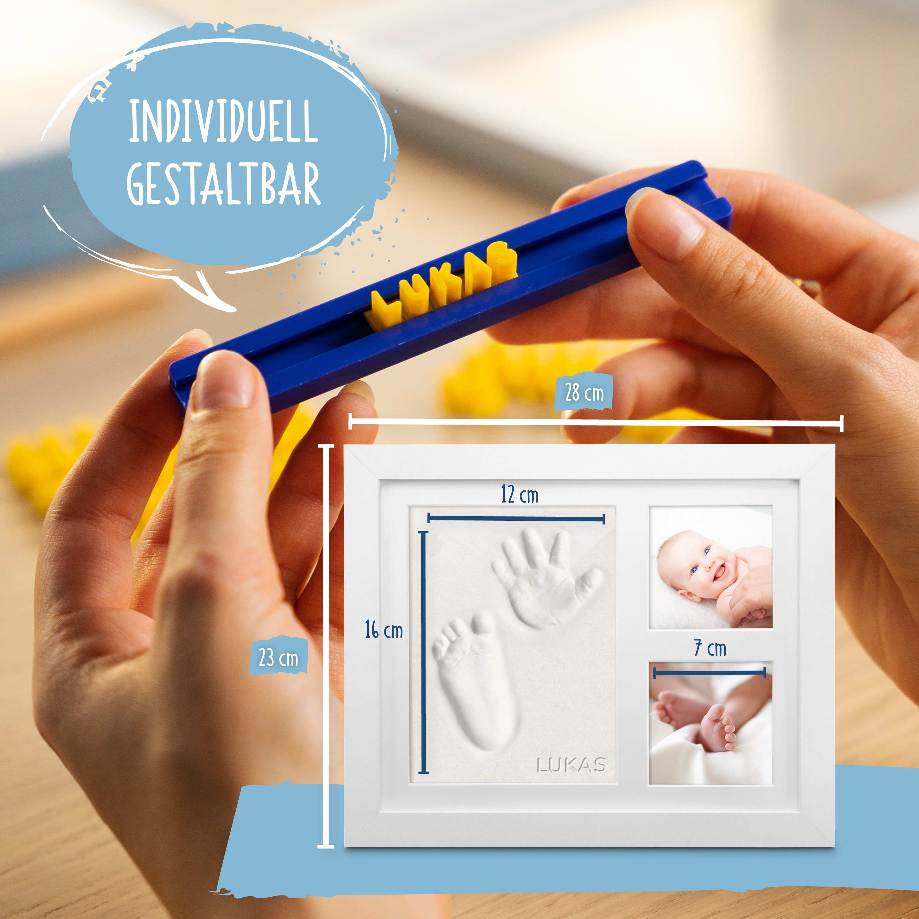 Amari Handabdruck-Set Baby Fußabdruck Set mit Holz-Bilderrahmen & Abdruckmasse, Komplettset mit Videoanleitung, ohne Anrühren, 3 Passepartouts in Weiß, Rosa & B – Bild 4 von 5
