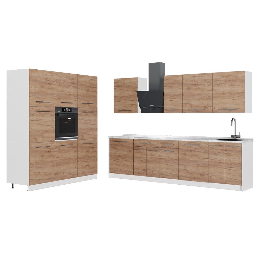 Vicco Küchenzeile Fame-Line, Goldkraft Eiche/Weiß, 460 cm Arbeitsplatte Marmor