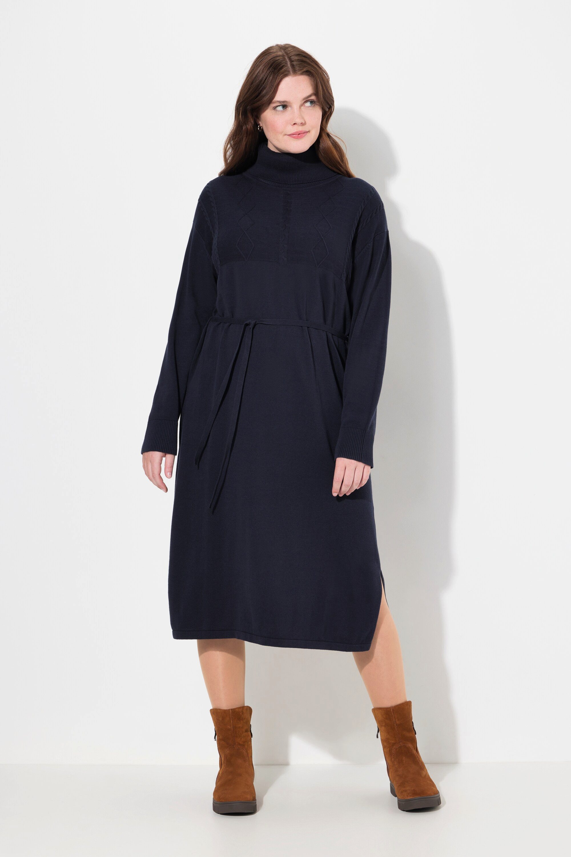 Ulla Popken Midikleid Strickkleid Zopfmuster Rollkragen günstig online kaufen