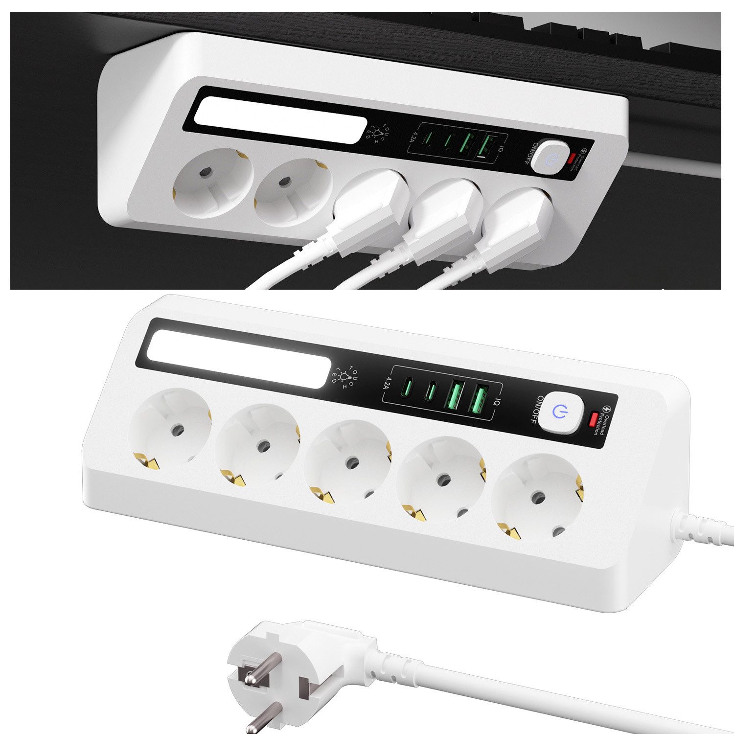 QUBEBU Steckdose 5fach Steckdosenleiste mit 2x USB-C 2x USB-A, 1,8 m Verlängerungskabel, 9-IN-1 Mehrfachsteckdose, Steckdosenleiste für Zuhause,Büro, 1-St., Verteilersteckdose mit Schalter, 2500W Steckdosenwürfel mit LED, Ecksteckdose Tischsteckdose Eckst