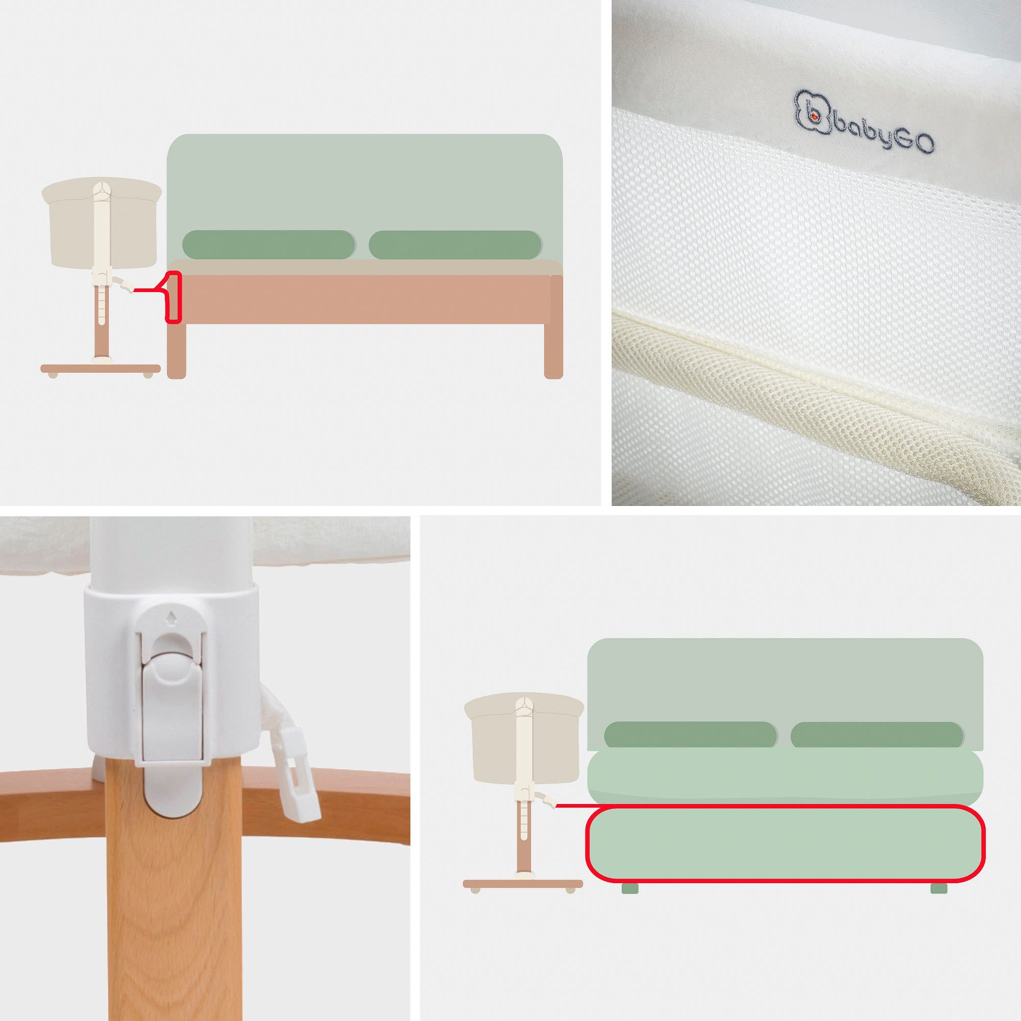 BabyGo Amila bedside crib, beige white, with rocking function