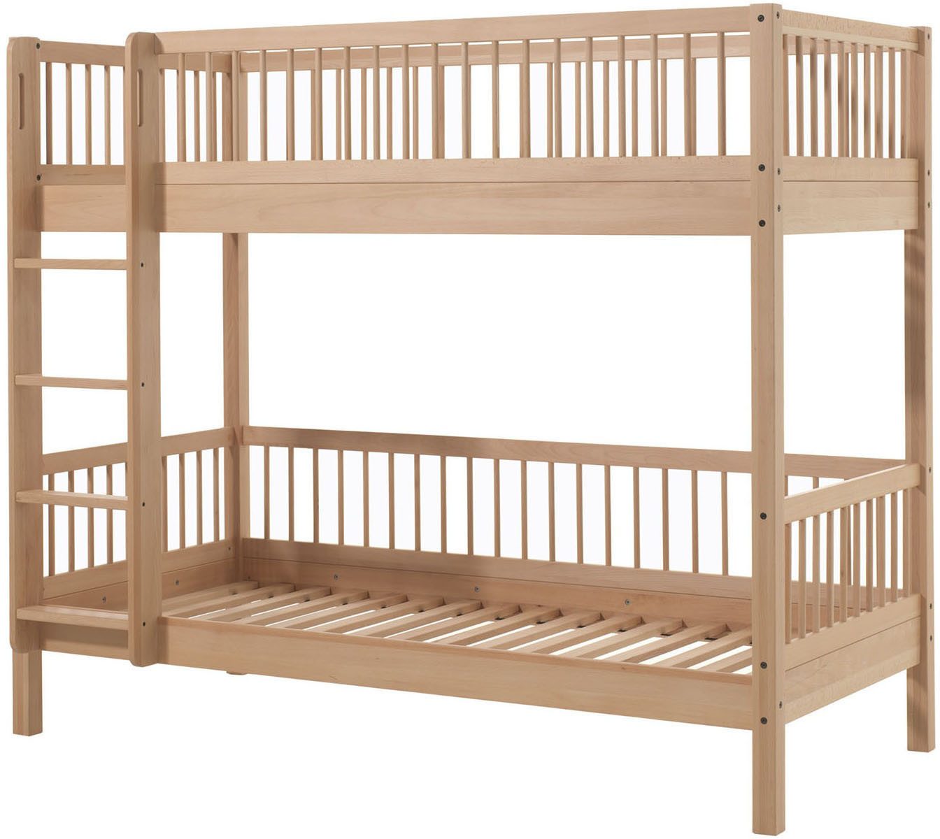 Vipack Etagenbett Forrest in Buche massiv natur lackiert, umlaufende Sprossen-Optik (2 Liegeflächen 90/200cm, geteilte Pfosten ca. 55x55 mm, stabil gebaut), inkl. Lattenrost, rückbaubar zu 2 Einzelbetten zur weiteren Nutzung