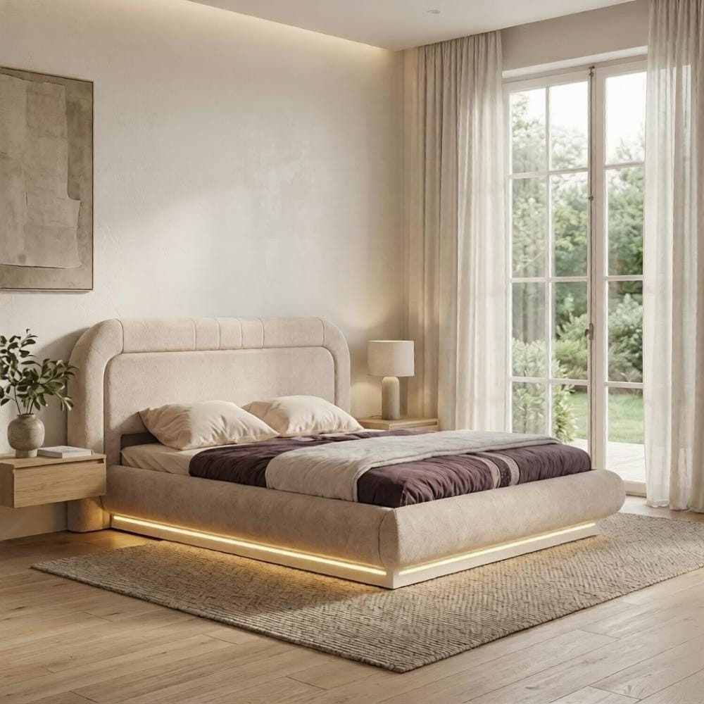 Xlmoebel Bett Beige Elegantes LED Schwebebett für modernes Schlafzimmerdesign, Made in Europa
