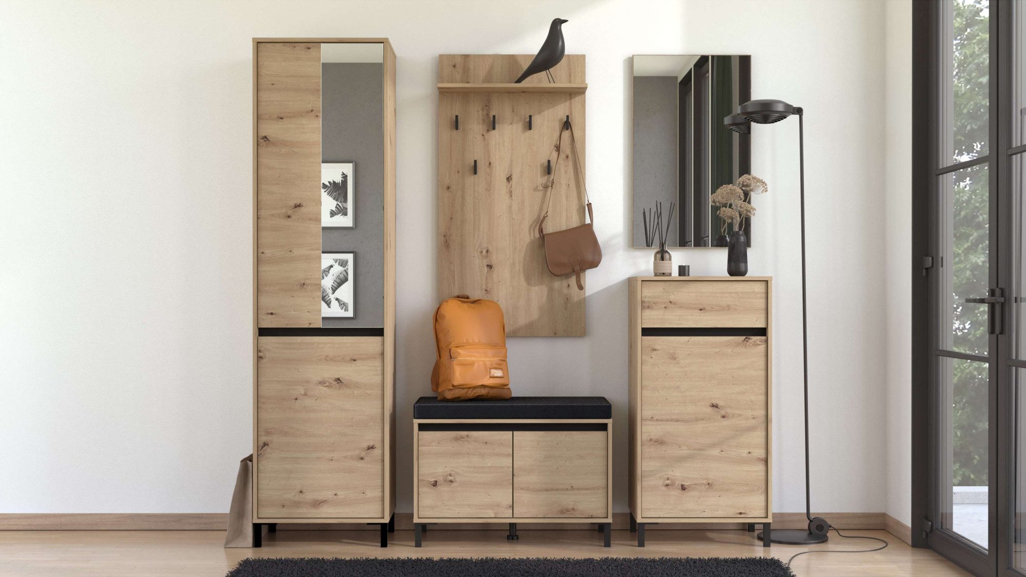 Home affaire Garderoben-Set Arran Flurmöbel, Dielenmöbel, Flurschrank, Flurgarderobe Breite 189 cm, (5tlg), inkl. 2 Schränke, Sitzbank mit Kissen, Garderobenpaneele und Spiegel