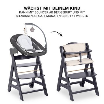 Hauck Hochstuhl Beta Plus Dark Grey - Newborn Set Deluxe, Holz Babystuhl ab Geburt, Aufsatz für Neugeborene, Sitzkissen, Tisch