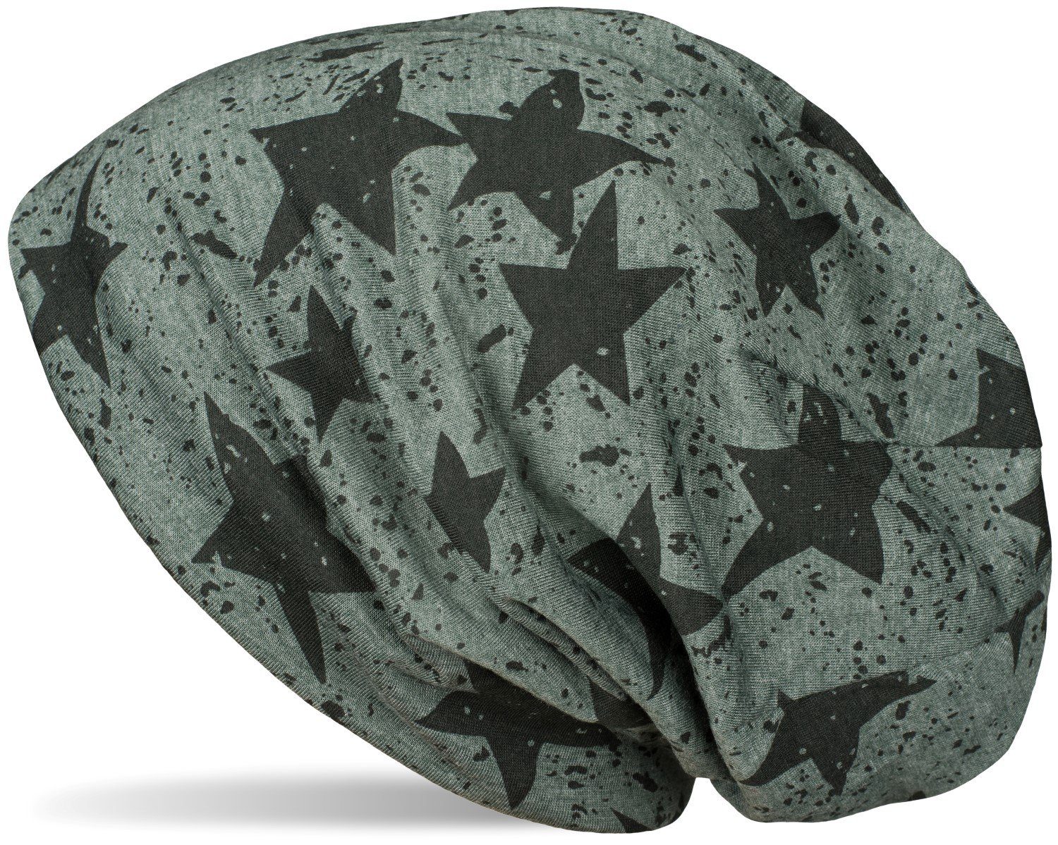styleBREAKER Beanie (1-St) Beanie Mütze mit Sterne Splat Style Print Oliv meliert