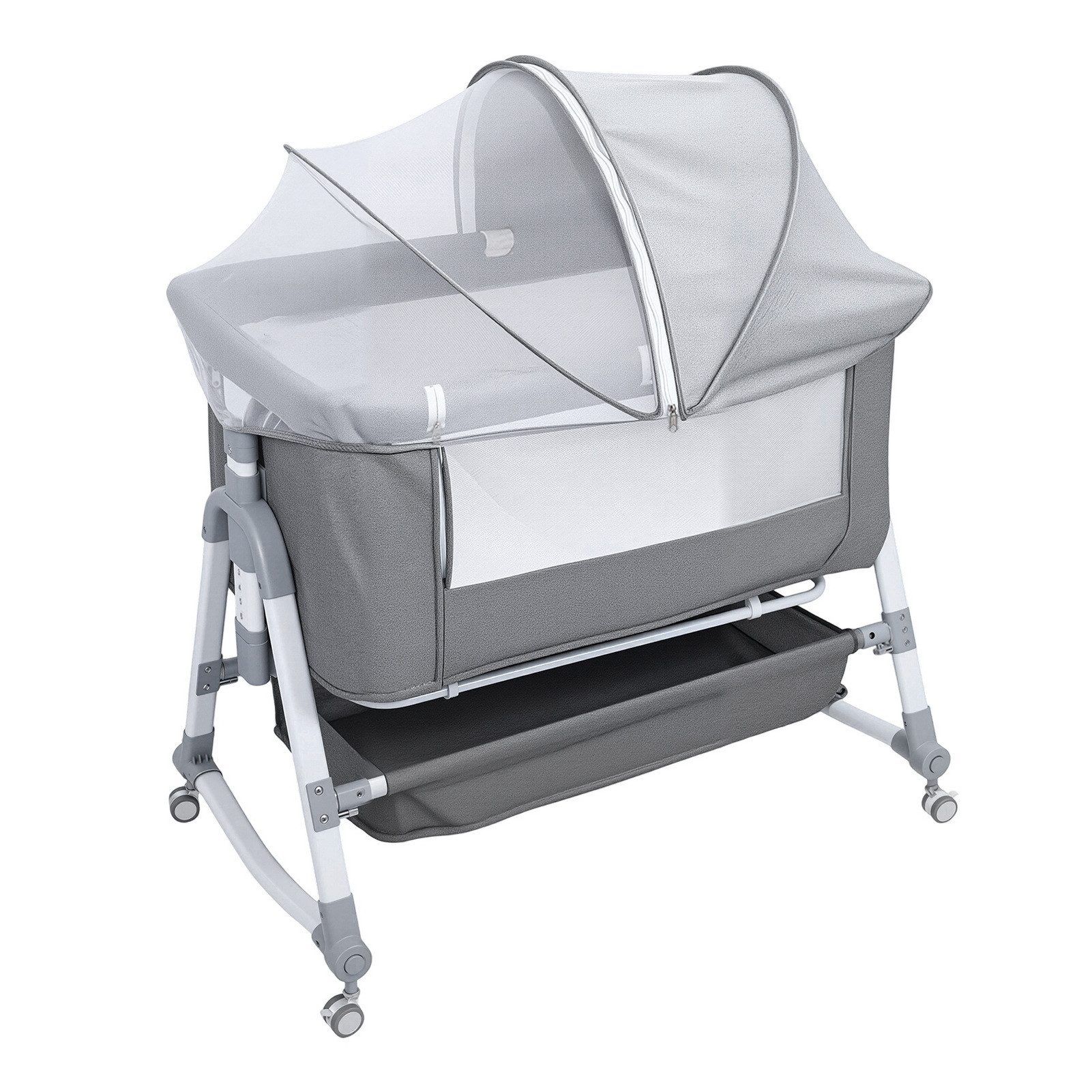 Rutaqian Babybett Babybett, 3-in-1 Babybett mit 6-fach Höhenverstellung und Moskitonetz, Konvertierbar zur Wiege & eigenem Stubenwagen, Mit Rollen und Staufach