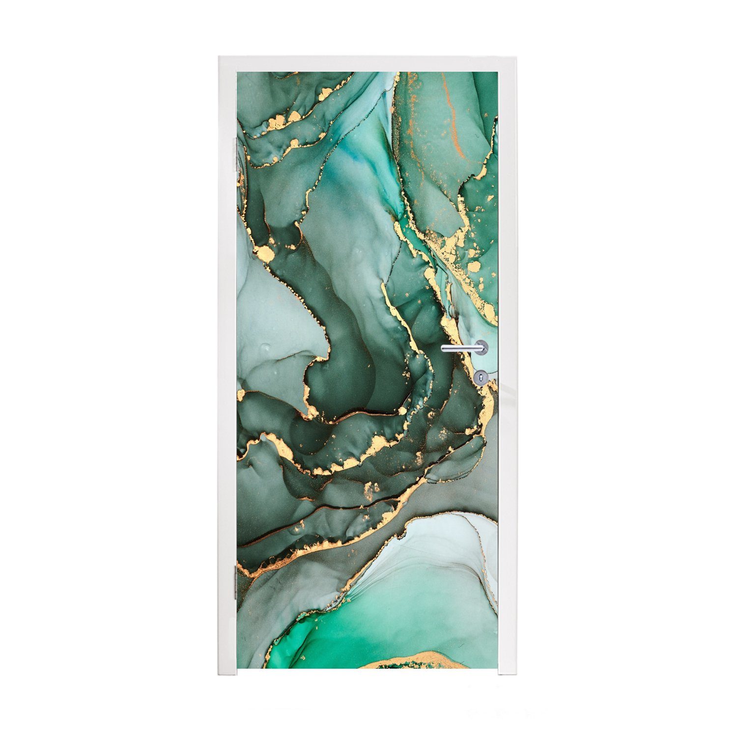 MuchoWow Türtapete Gold - Marmor - Grün - Luxus - Marmoroptik - Grau, Matt, bedruckt, (1 St), Selbstklebende Tapete, Folie für Möbel, 75x205 cm