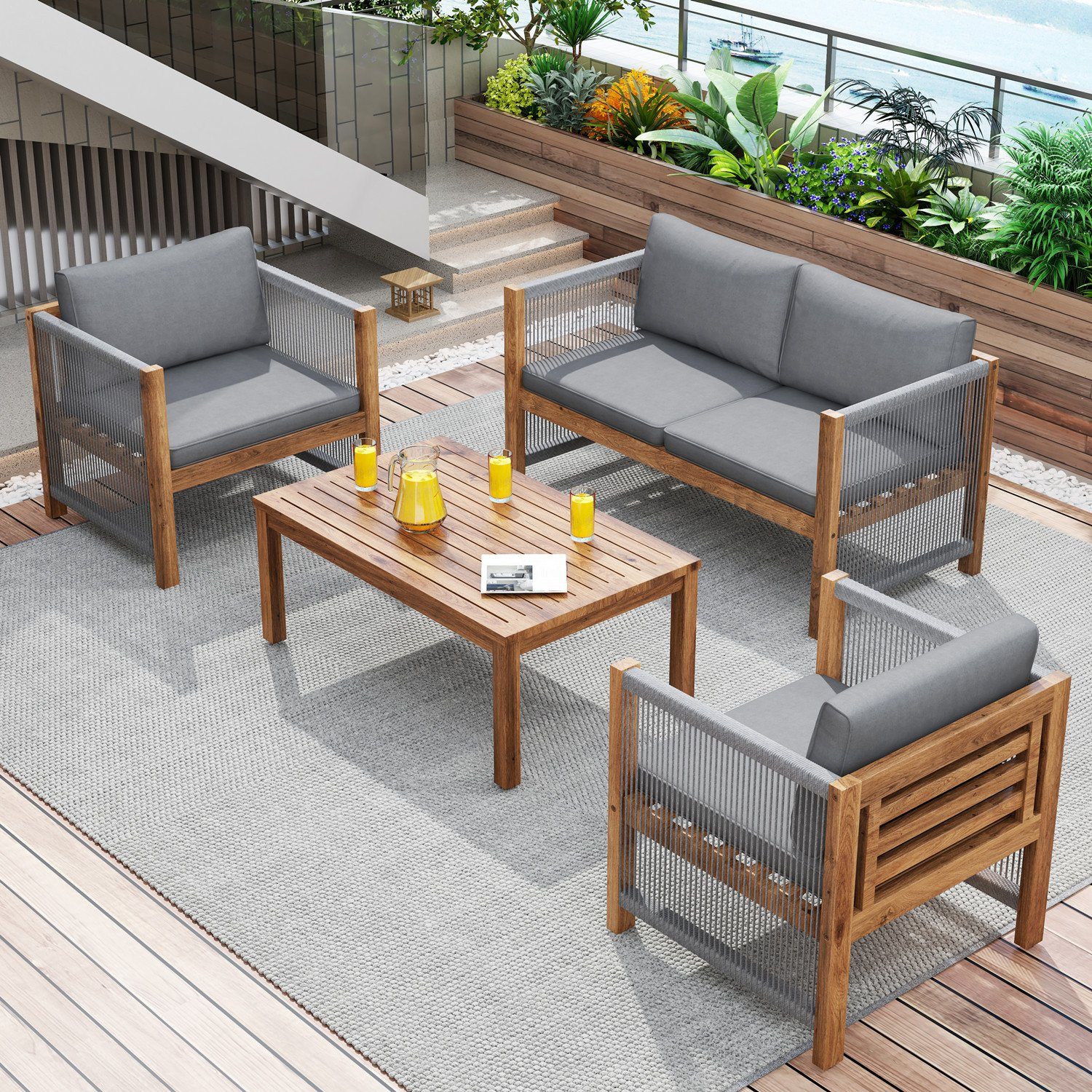 Gartenlounge-Set, (Gartenmöbel Set, 4-tlg), Sitzgruppe für 4 Personen, mit bequemem Kissen