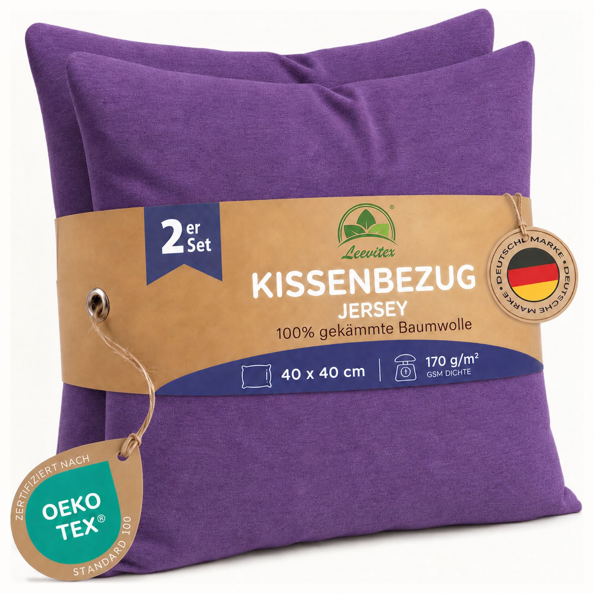 leevitex® Kissenbezüge Kissenbezug 40 x 40 cm, 2er Set, Lila/Pflaume, (2 Stück), feine Jersey-Qualität, 100% Baumwolle, robuster Reißverschluss