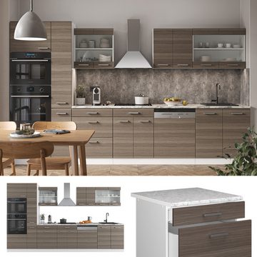 Livinity® Küchenzeile R-Line, Edelgrau/Weiß, 350 cm mit Hochschrank, AP Eiche