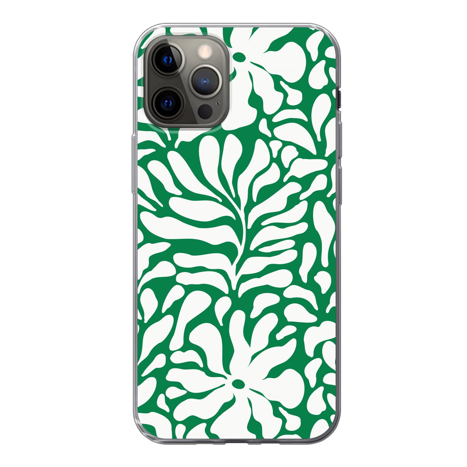 MuchoWow Handyhülle für Apple iPhone 12 Pro Florales Muster - Grün - Weiß - Druck, Smartphone-Bumper, Print, Handy Schutzhülle Dünn
