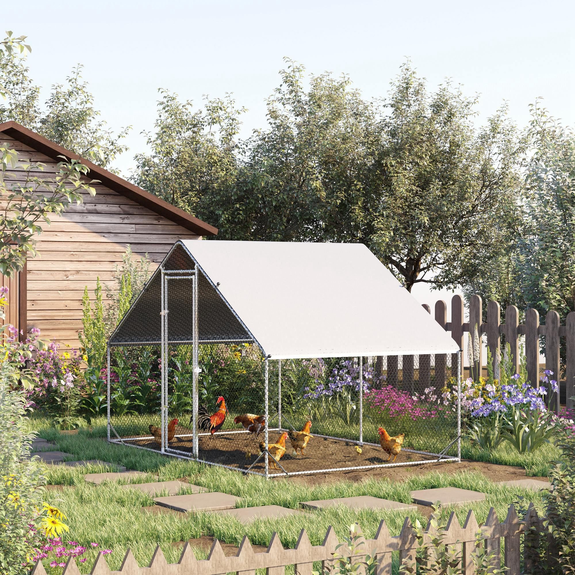 PawHut Hühnerstall 3x2x2 m Freilaufgehege mit Dach, Tür und Schloss, Verzinkter Stahl, für 4-6 Hühner, Kleintiere, Silber+Grau