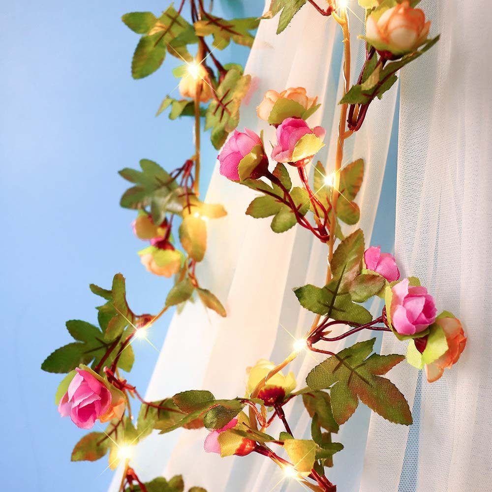 Valentinstag Blume für Party Deko, Hochzeit Rose 2.2M, Künstliche LED-Girlande Rebe Schlafzimmer Batterie, Rosa Rosnek