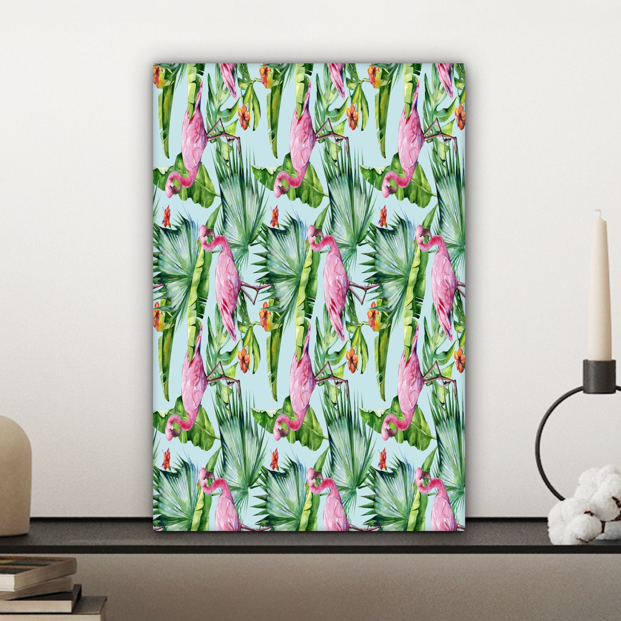 OneMillionCanvasses® Leinwandbild fertig Zackenaufhänger, - (1 Rosa, 20x30 cm Hibiskus Gemälde, - - Flamingo bespannt St), Blumen Leinwandbild inkl