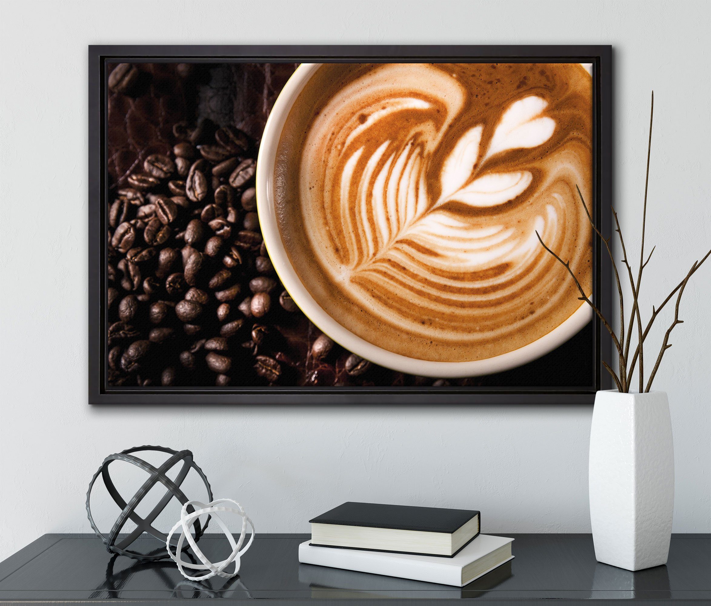Pixxprint Leinwandbild Tasse Kaffee mit inkl. Wanddekoration St), gefasst, einem Schaumherz, (1 bespannt, Zackenaufhänger fertig Schattenfugen-Bilderrahmen Leinwandbild in