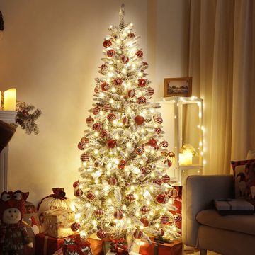 Yorbay Künstlicher Weihnachtsbaum Künstlicher Slim Tannenbaum aus PE und PVC, mit LED Beleuchtung, 180 / 210 cm auswählbar, mit Ständer, Schneeflocken, Schlankes Design, Weihnachtsbaum Christbaum für Weihnachten-Dekoration