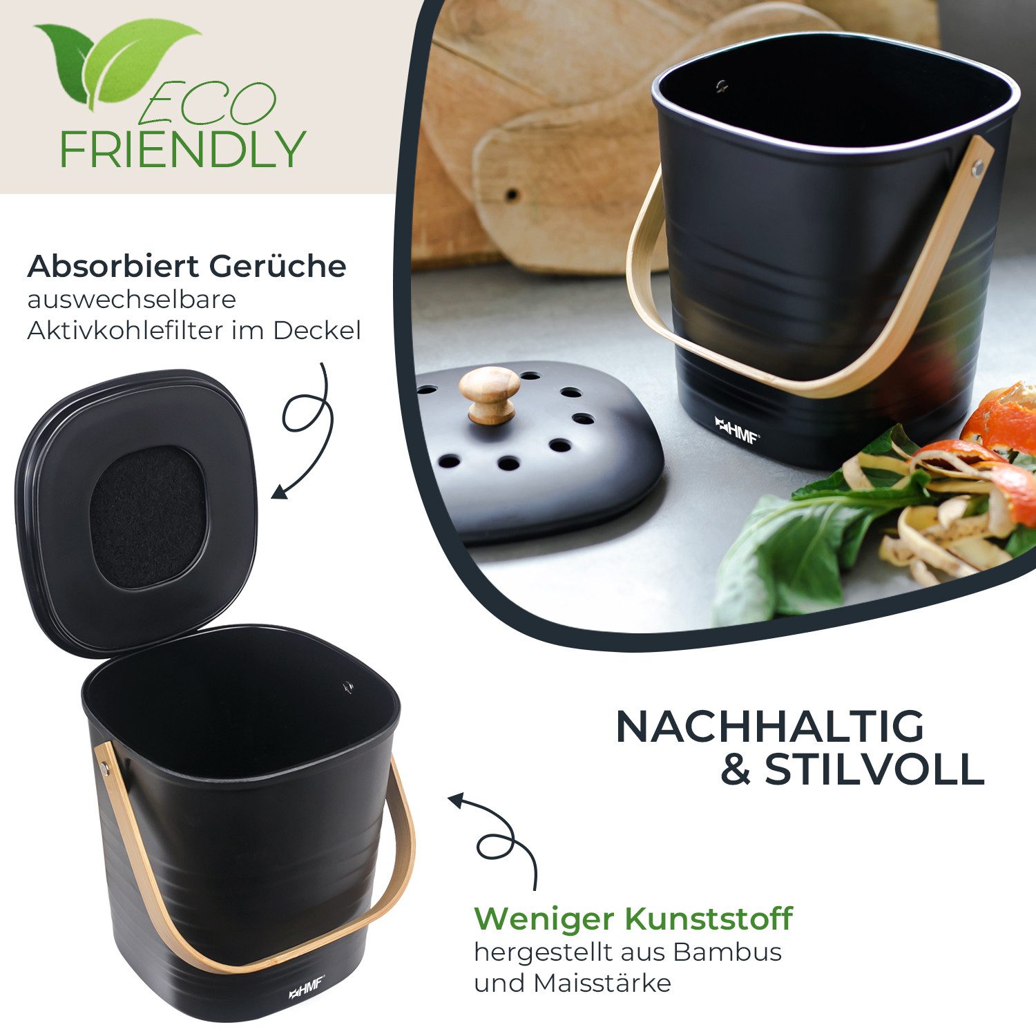 HMF Biomülleimer 3780-3L Geruchsdichter Komposteimer mit Aktivkohlefilter, kleiner Bio Mülleimer für die Küche mit Deckel, 3L, Schwarz