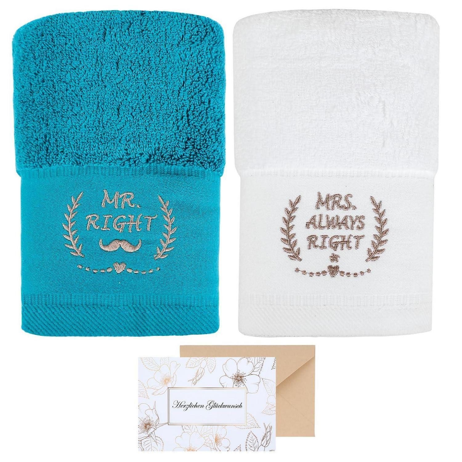 LuxusKollektion Handtuch Set Handtuch Set Mr & Mrs Hochzeit mit Grußkarte, (1-St)
