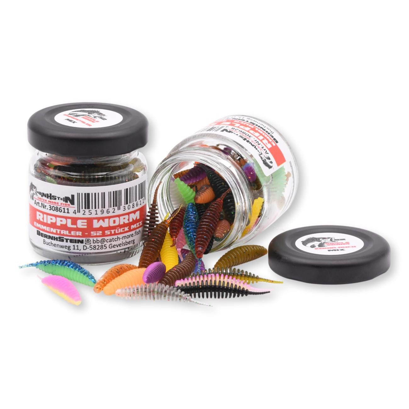 BernhStein Kunstköder Ripple Wurm 35 oder 50mm im Twist-Off Glas mit Aroma Forellenköder, (52-St)