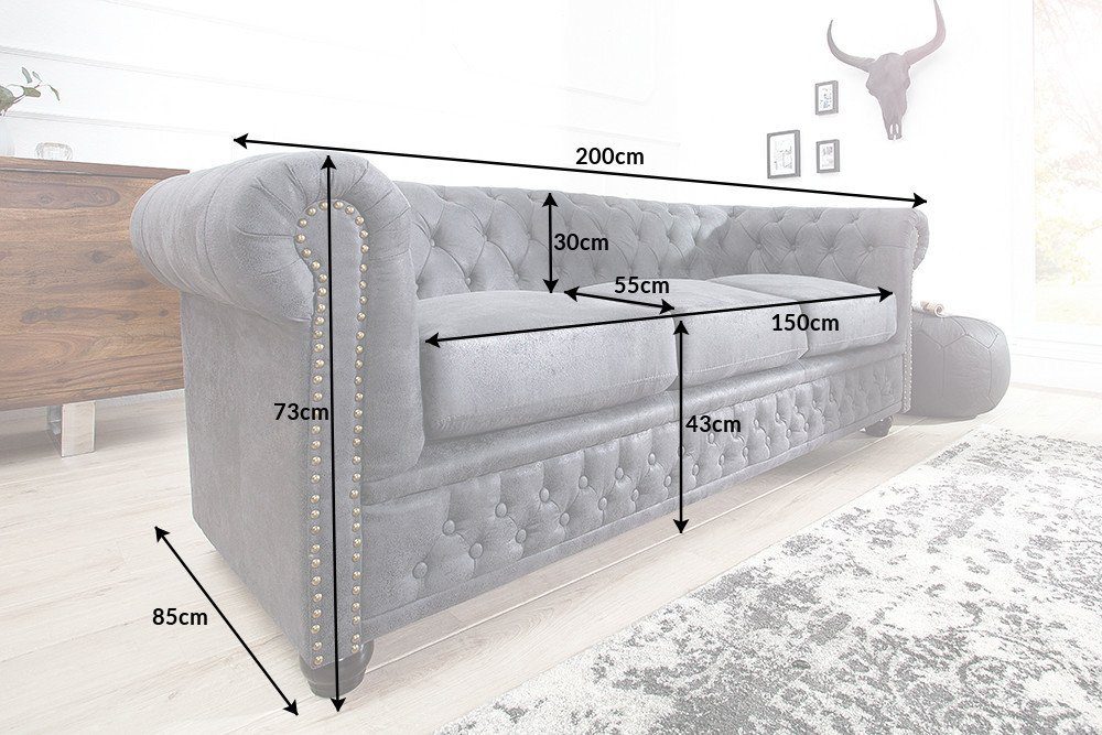 · Federkern 200cm · Sofa 1 Wohnzimmer CHESTERFIELD 3-Sitzer Microfaser riess-ambiente grau, Teile, antik · Einzelartikel
