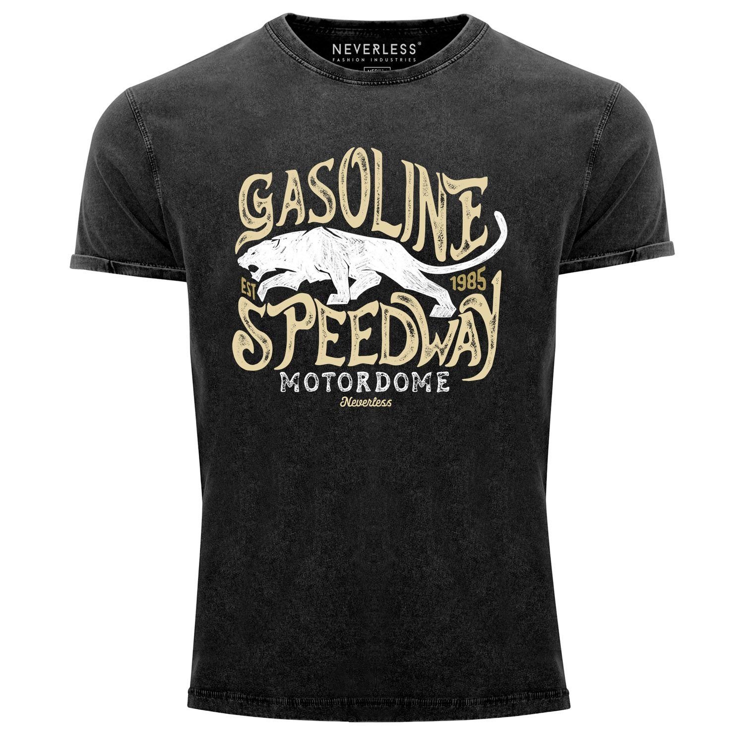Neverless Print-Shirt Neverless® Herren T-Shirt Vintage Shirt Printshirt Gasoline Speedway Panther Motiv Used Look Slim Fit mit Print schwarz