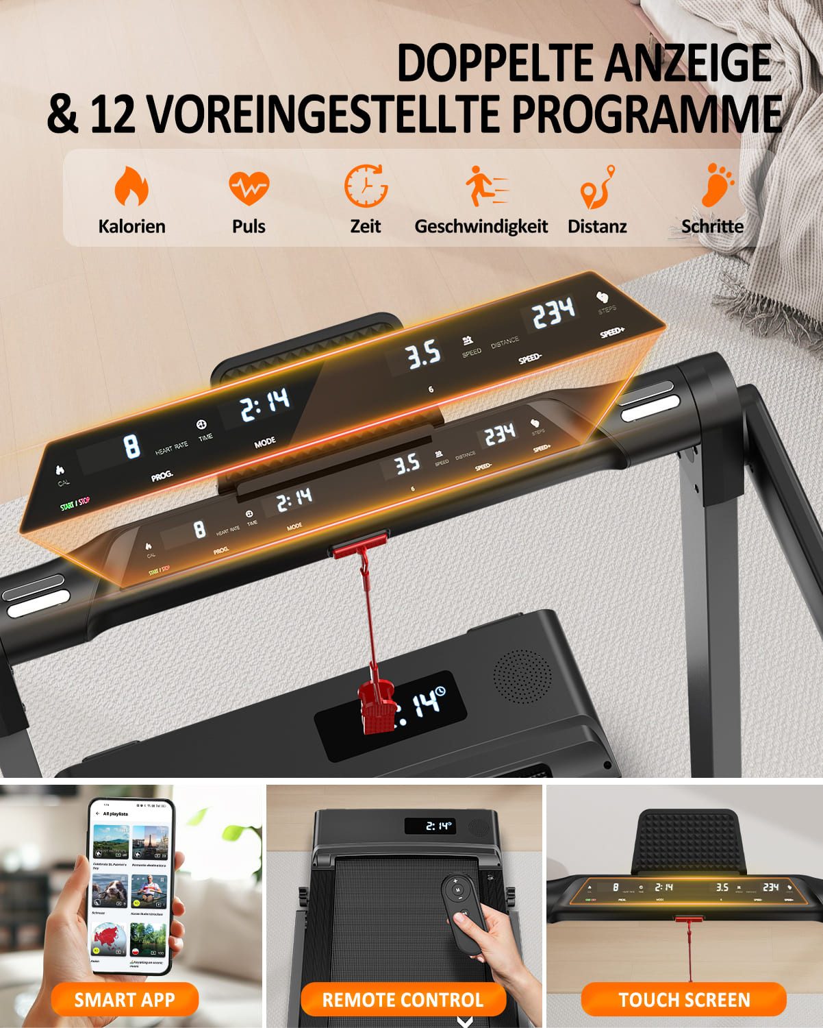 VOWVIT Laufband für Zuhause bis 12KM/H, 3 in 1 Walking Pad mit Dual LED Anzeige, 12 Programmen und Fernbedienung, Laufband klappbar APP Kompatibel